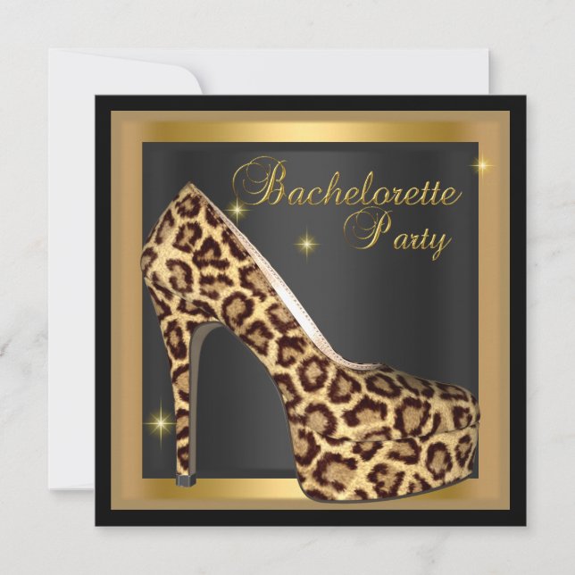 Bachelorette Party Guld Black Leopard Hi Heel Shoe Inbjudningar (Framsida)
