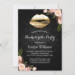 Bachelorette Party Guld Läppar Damask Blommigt Inbjudningar