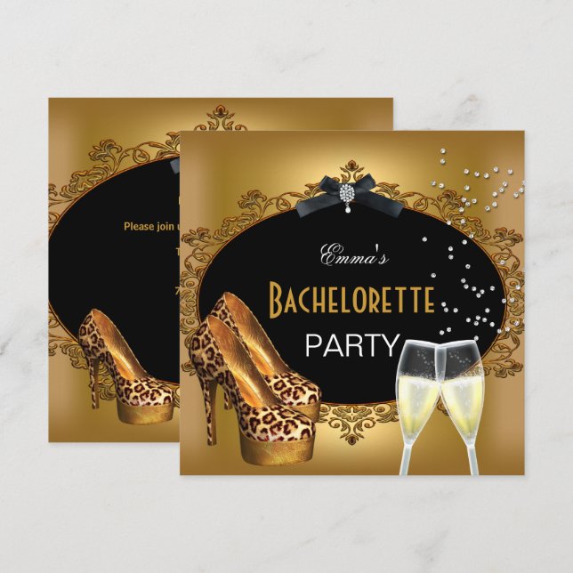 Bachelorette Party Guld Leopard Black Shoes 2 Inbjudningar (Fram/baksida)