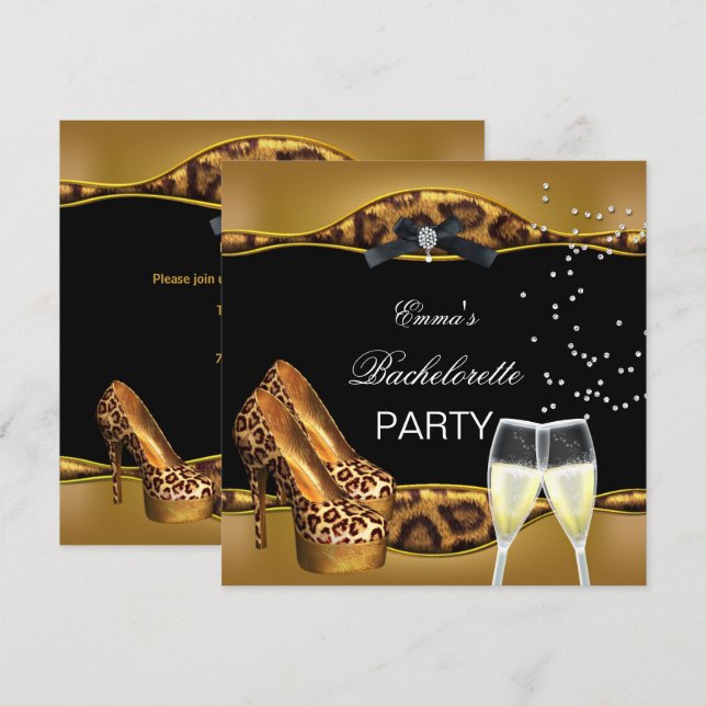 Bachelorette Party Guld Leopard Black Shoes Inbjudningar (Fram/baksida)