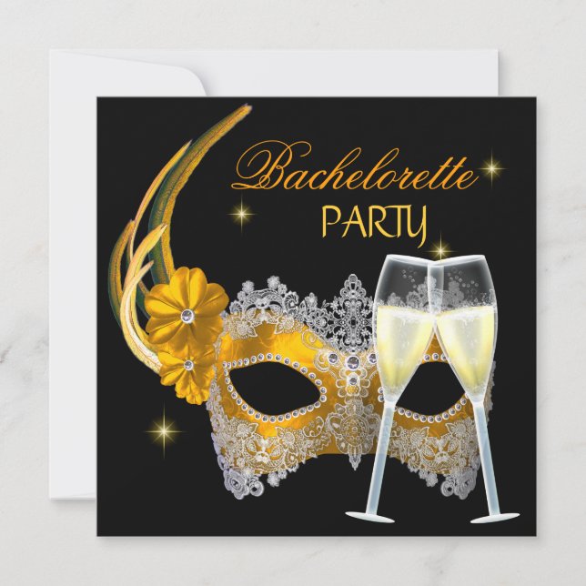 Bachelorette Party Guld Mask Champagne Black Inbjudningar (Framsida)
