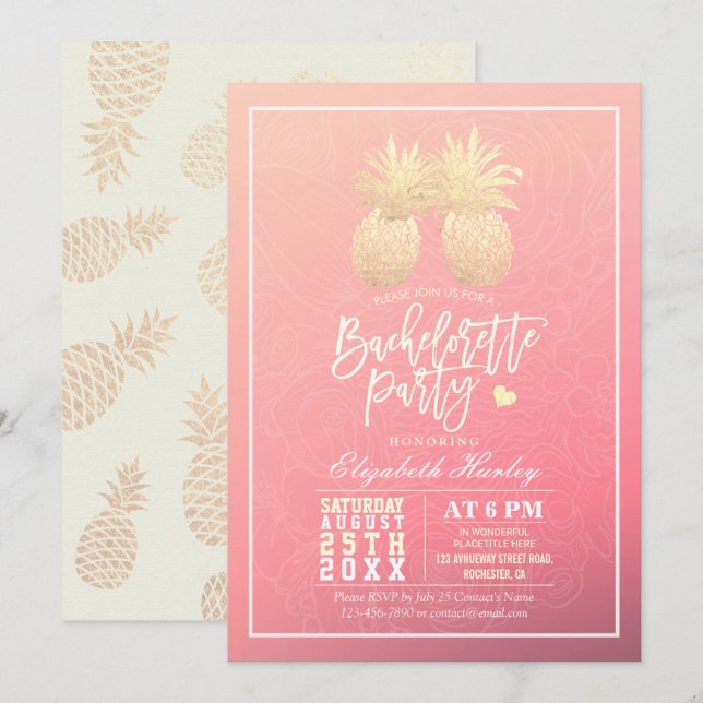 Bachelorette Party Guld Pineapple par Rosa ros Inbjudningar (Fram/baksida)