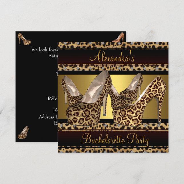 Bachelorette Party Hi Heel Shoes Leopard Guld Inbjudningar (Fram/baksida)
