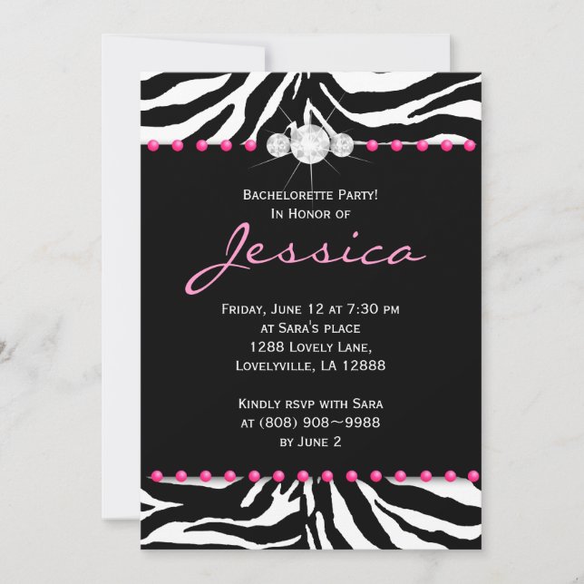 Bachelorette Party Inbjudan Zebra Rosa Jewelry 8 (Framsida)