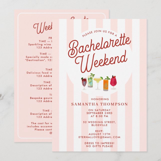 Bachelorette Party Itinerary Bach Weekend Retro Inbjudningar (Fram/baksida)