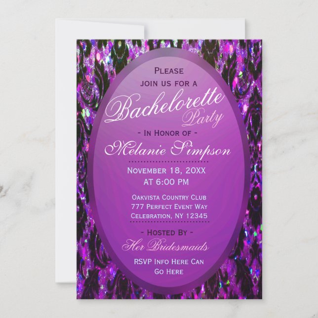 Bachelorette Party | Lila Damask Glitter Inbjudningar (Framsida)