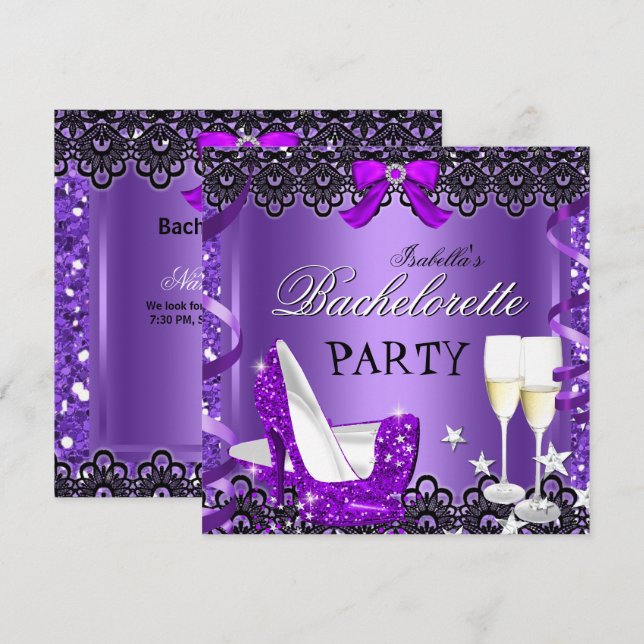 Bachelorette Party Lila High Heel Champagne Inbjudningar (Fram/baksida)