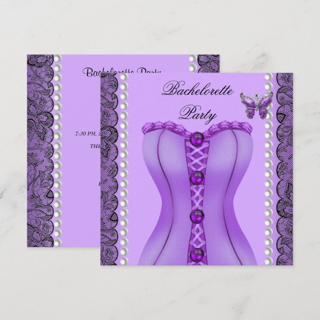 Bachelorette Party Lila Lilac Corset Butterfly Inbjudningar (Fram/baksida)