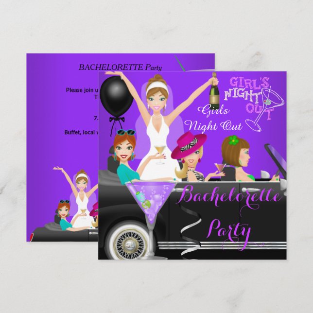 Bachelorette Party Lila Roligt Limo Car Cocktails  Inbjudningar (Fram/baksida)