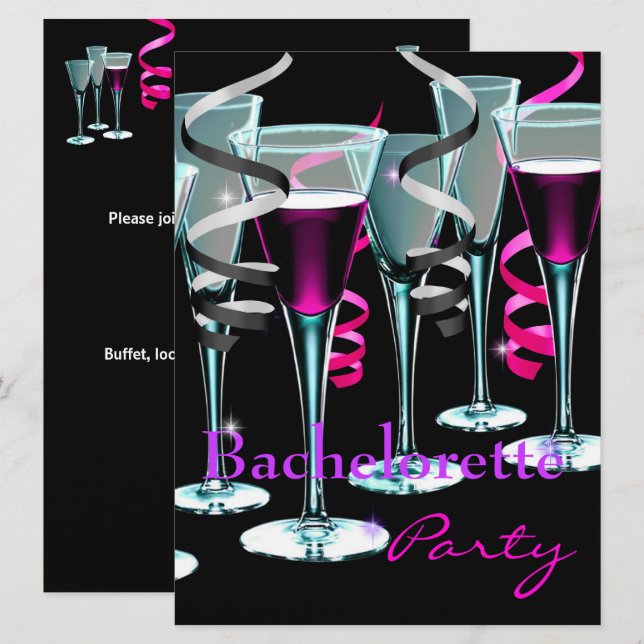 Bachelorette Party Lila Rosa Black Drinks Inbjudningar (Fram/baksida)