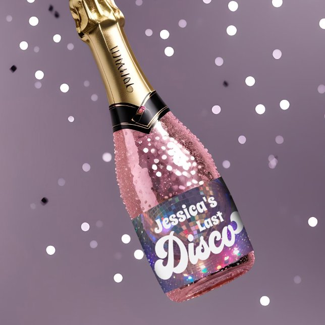 Bachelorette Party Lila Spegel Boll Last Disco (Last disco themed bachelorette party mini champagne bottle labels in purple and pink)