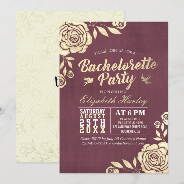 Bachelorette Party Modern Golden Ro Burgundy Red Inbjudningar (Fram/baksida)