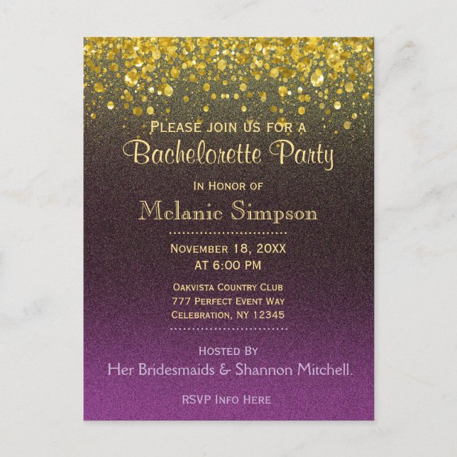 Bachelorette Party | Modern Guld och Lila-kort Inbjudan Vykort (Framsida)