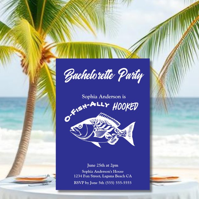 Bachelorette Party ’O-fish-ally Hooking’ Blue Inbjudningar (Bachelorette Party O-fish-ally Hooked Fisherman Core Hawaiian Fish islander Bachelorette Invitations)