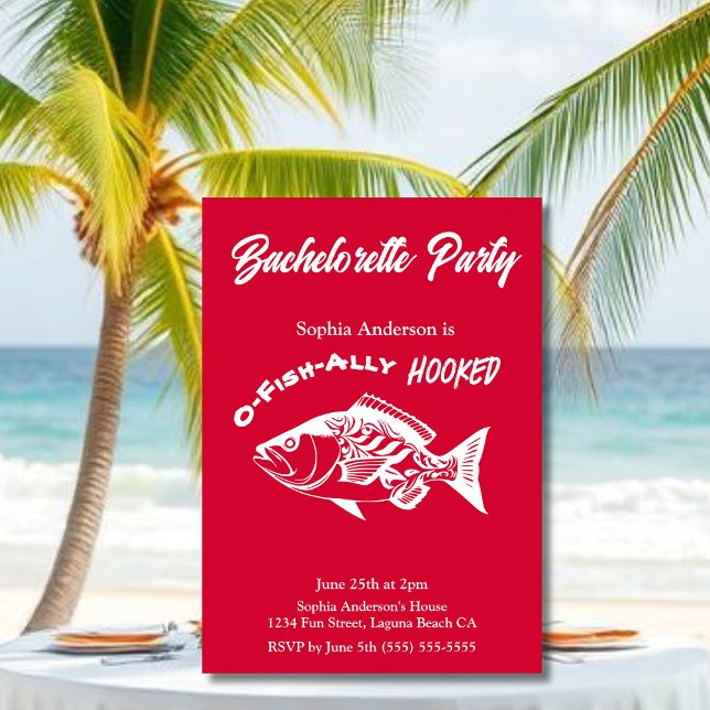 Bachelorette Party ’O-fish ally Hooking’ Cherry Re Inbjudningar (Bachelorette Party O-fish-ally Hooked Fisherman Core Hawaiian Fish islander Bachelorette Invitations)