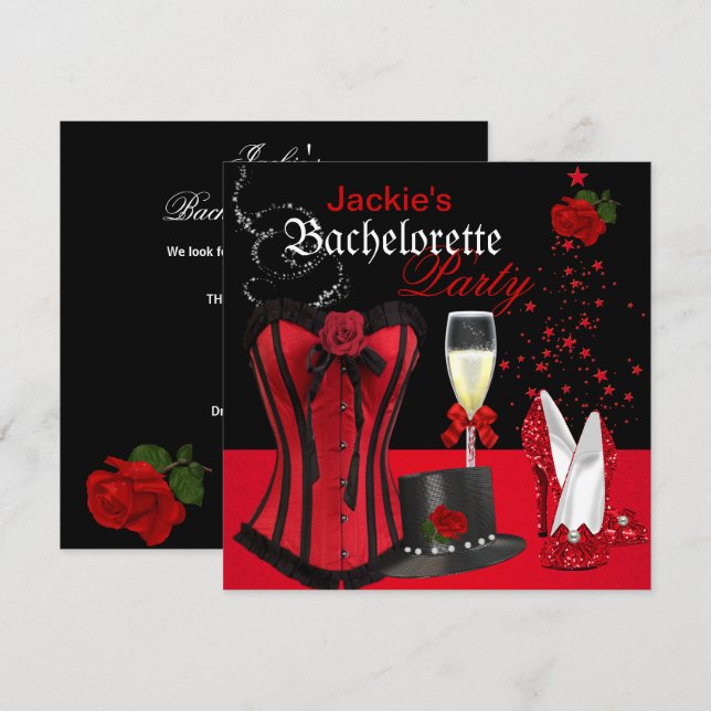 Bachelorette Party Red Black Corset Tophat Inbjudningar (Fram/baksida)