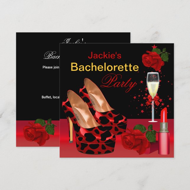 Bachelorette Party Red Black Shoes Lipstick Inbjudningar (Fram/baksida)