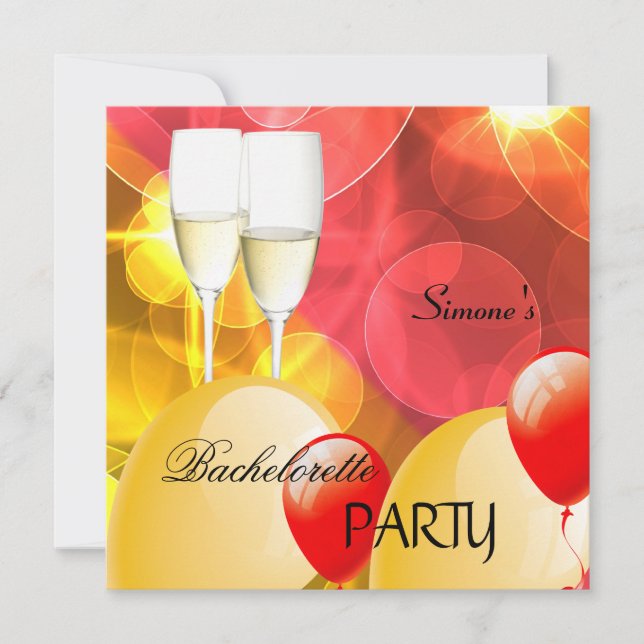Bachelorette Party Red Gult Champagne Balloons Inbjudningar (Framsida)