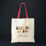 Bachelorette Party Retro Dancing Queens Anpassning Tygkasse<br><div class="desc">Anpassningsbar Bachelorette Party Retro Dancing Queens till väskan som du kan anpassa med bridens namn. Perfektens matchande bricka i party-återdesignskjorta</div>