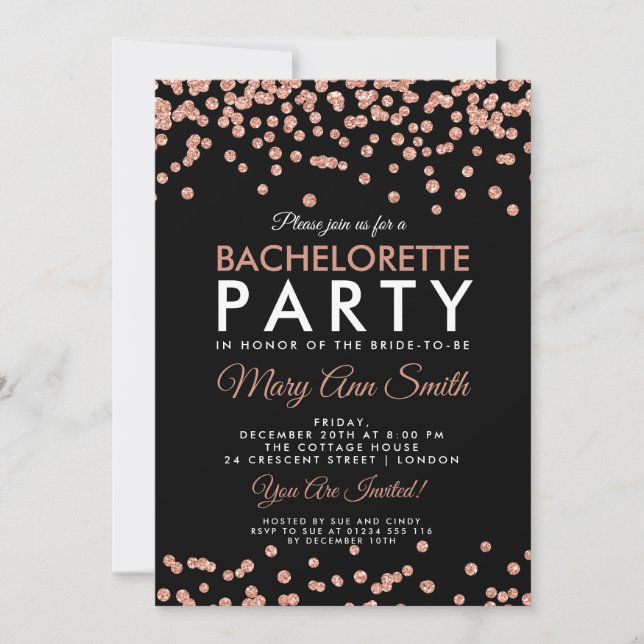 Bachelorette Party Ro Guld Glitter Confetti Blac Inbjudningar (Framsida)