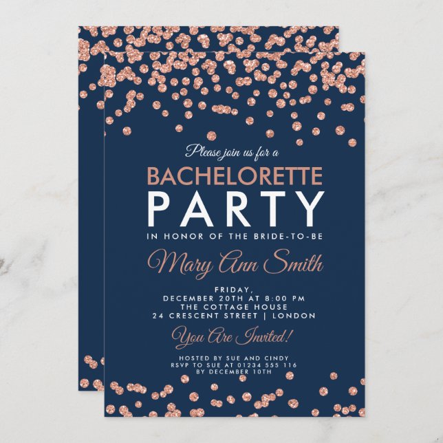 Bachelorette Party Ro Guld Glitter Confetti Navy Inbjudningar (Fram/baksida)
