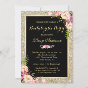 Bachelorette Party Shiny Guld Sparkles Blommigt Inbjudningar