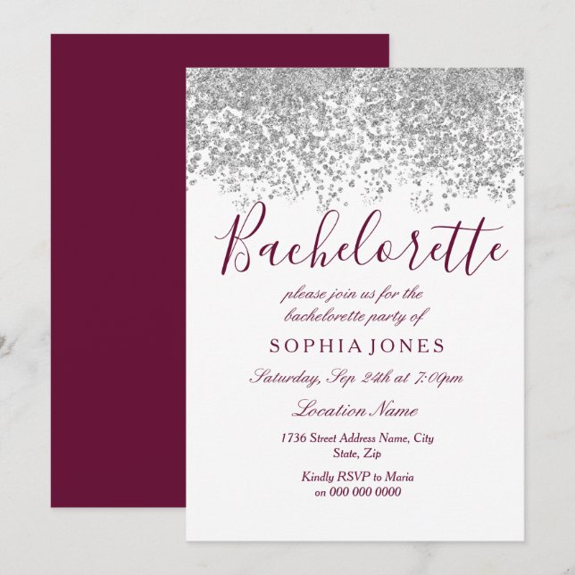 Bachelorette Party Silver Glitter Burgundy Inbjudningar (Fram/baksida)