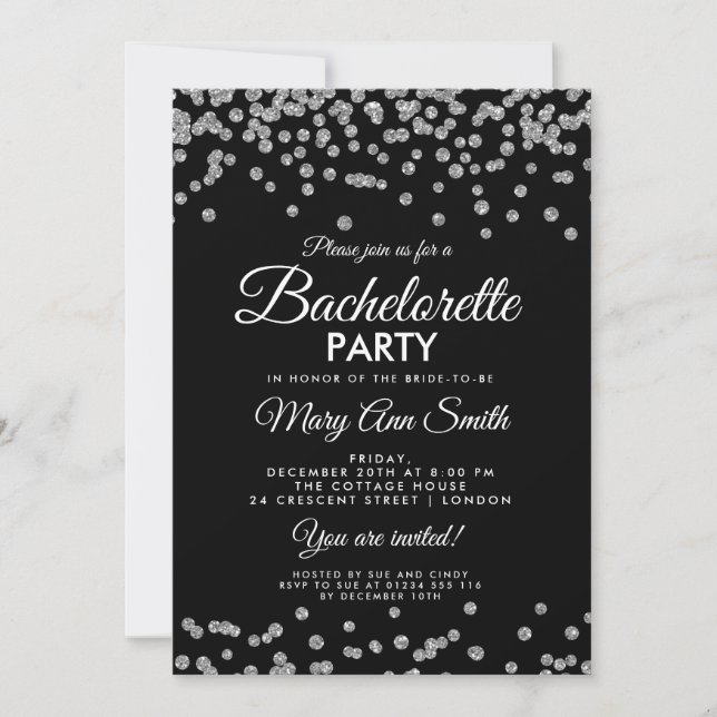 Bachelorette Party Silver Glitter confetti Black Inbjudningar (Framsida)