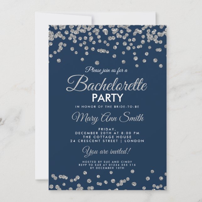 Bachelorette Party Silver Glitter confetti Navy Inbjudningar (Framsida)