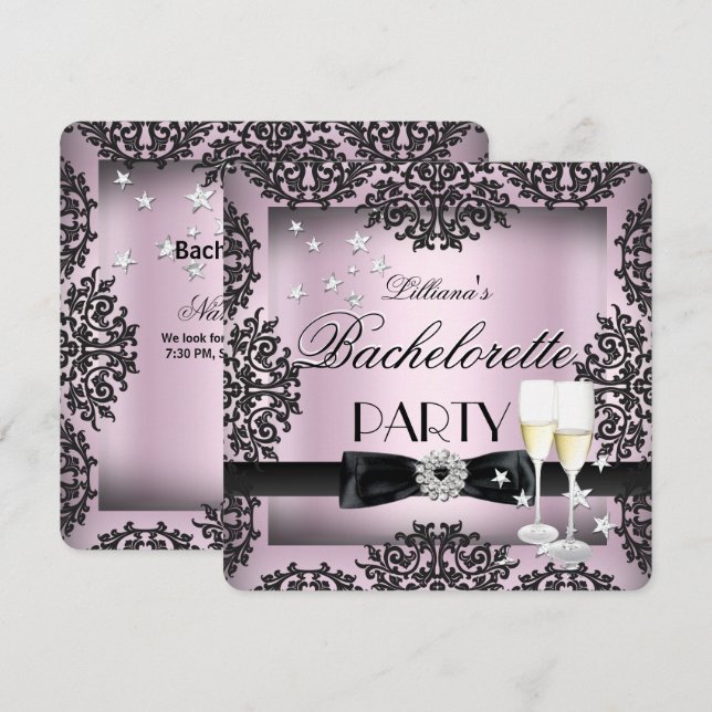 Bachelorette Party Slever Rosa Black Champagne Inbjudningar (Fram/baksida)