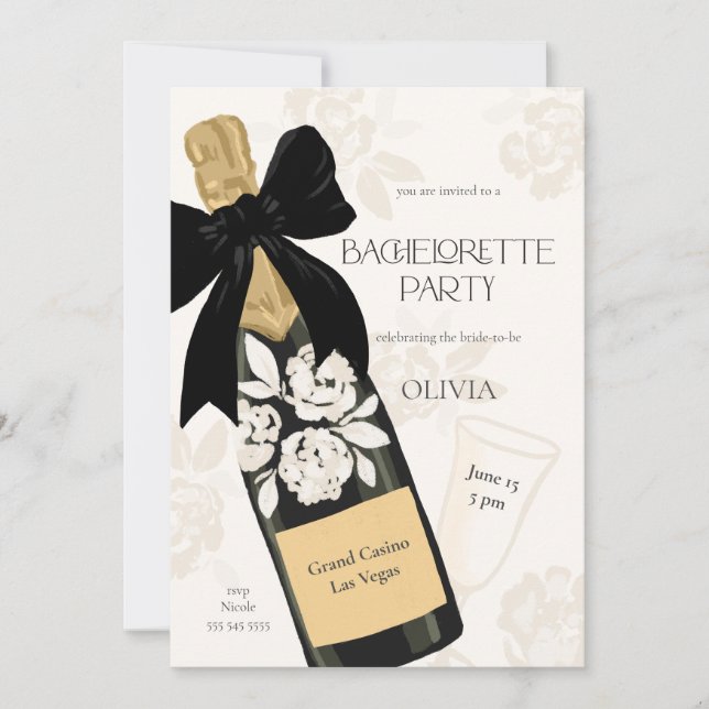 Bachelorette Party Sparkling Vin Flaska Black Bow Inbjudningar (Framsida)