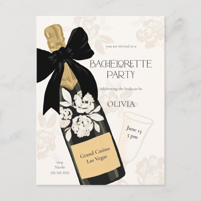 Bachelorette Party Sparkling Vin Flaska Black Bow Vykort (Framsida)