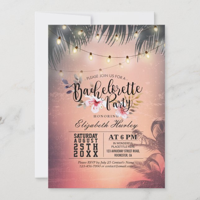 Bachelorette Party Summer Beach Handflatan Träd Lj Inbjudningar (Framsida)