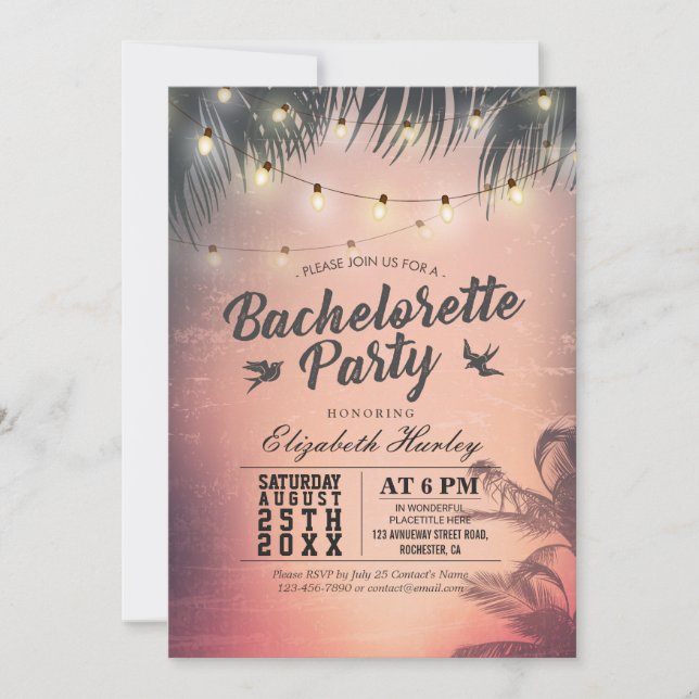 Bachelorette Party Summer Beach Handflatan Träd Lj Inbjudningar (Framsida)