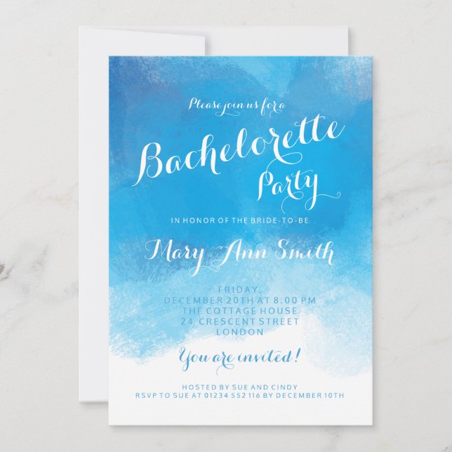 Bachelorette Party Summer Blue Watercolor Inbjudningar (Framsida)