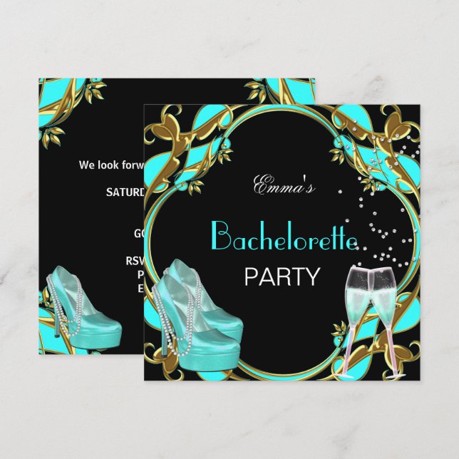 Bachelorette Party Teal Blue Black Guld Inbjudningar (Fram/baksida)