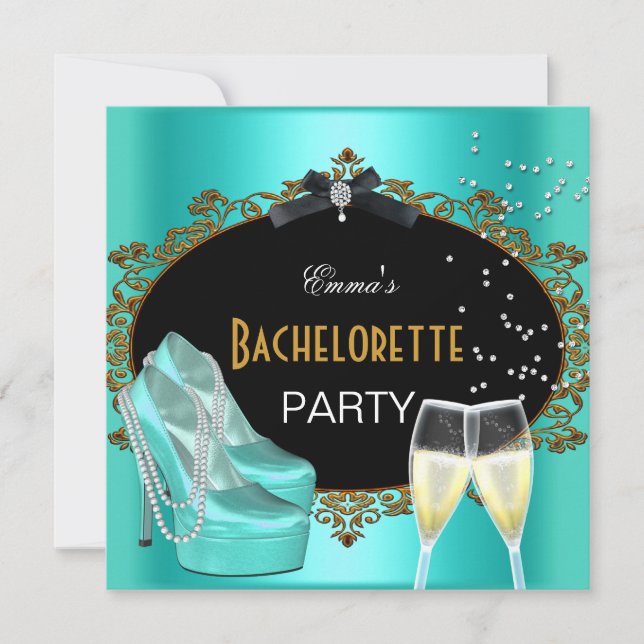 Bachelorette Party Teal Blue Guld Black Shoes Inbjudningar (Framsida)