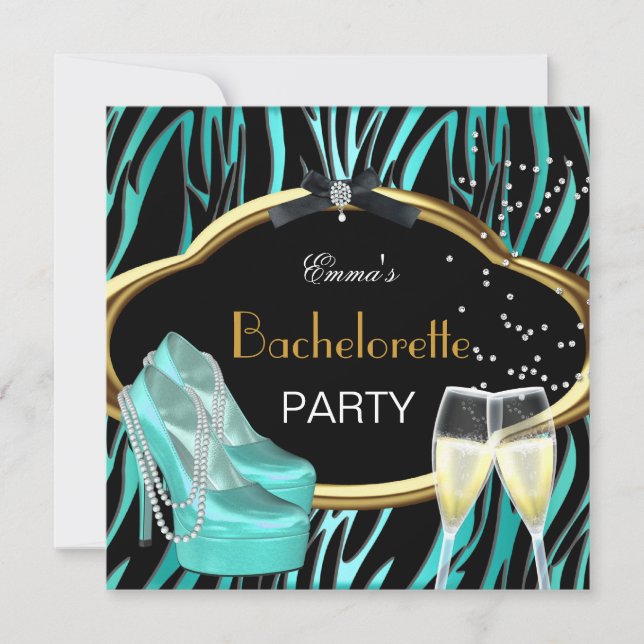 Bachelorette Party Teal Blue Guld Black Zebra Inbjudningar (Framsida)