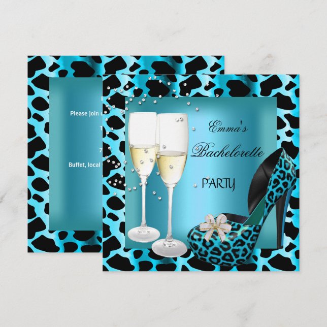 Bachelorette Party Teal Blue Leopard Black Shoes Inbjudningar (Fram/baksida)
