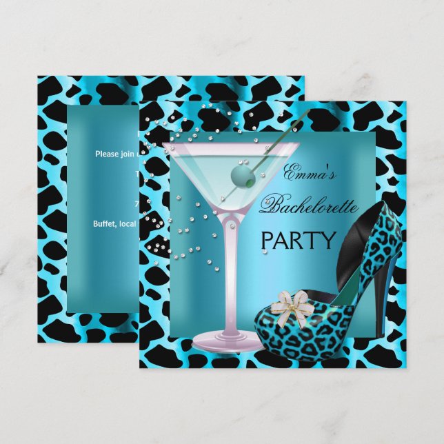 Bachelorette Party Teal Blue Leopard Shoes Black Inbjudningar (Fram/baksida)