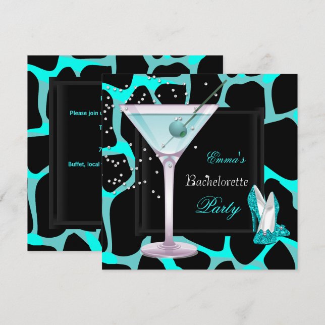 Bachelorette Party Teal Blue Leopard Shoes Black Inbjudningar (Fram/baksida)