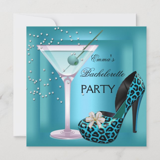 Bachelorette Party Teal Blue Leopard Shoes Glass Inbjudningar (Framsida)