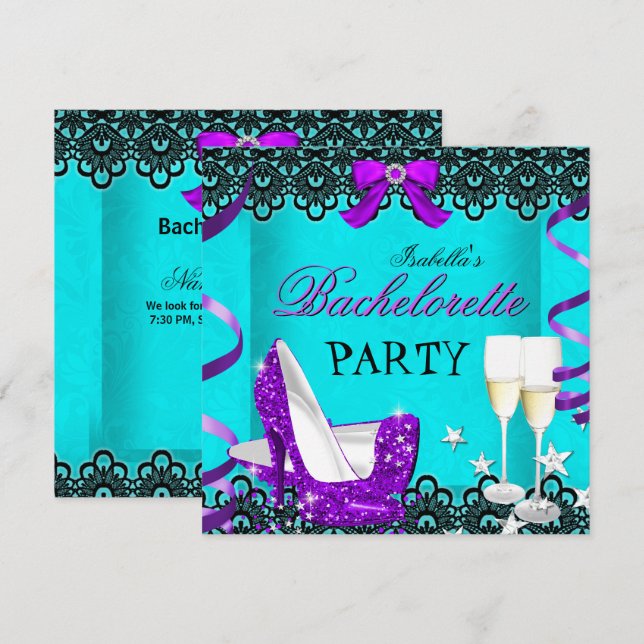 Bachelorette Party Teal Lila High Heel Champagne Inbjudningar (Fram/baksida)