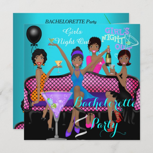 Bachelorette Party Teal Rosa Roligt Girls Cocktail Inbjudningar (Fram/baksida)