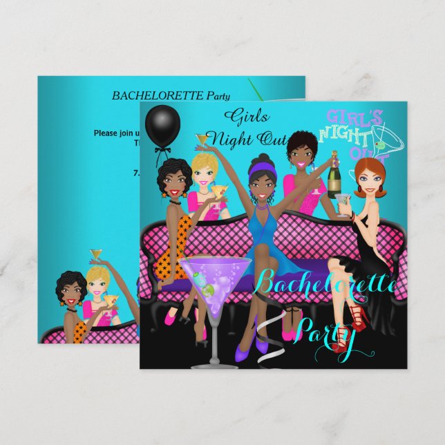 Bachelorette Party Teal Rosa Roligt Girls Cocktail Inbjudningar (Fram/baksida)