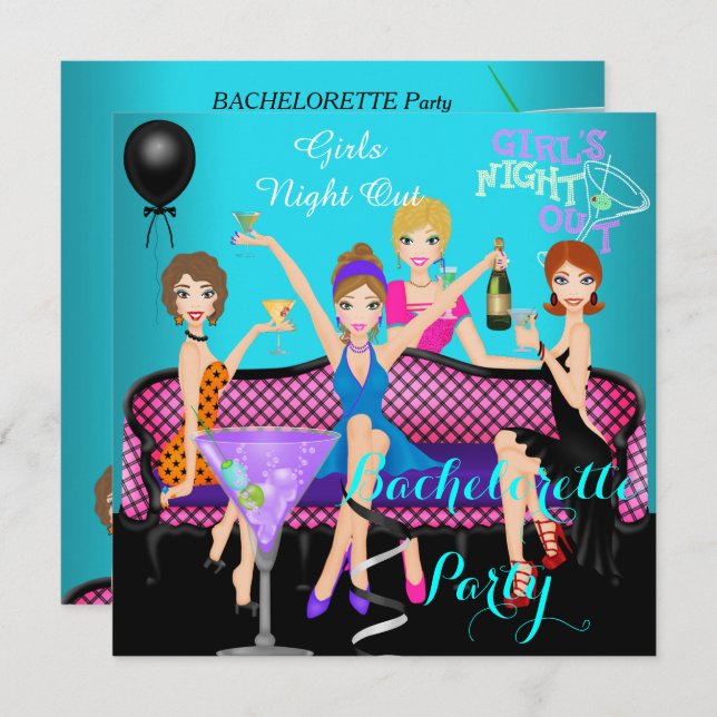 Bachelorette Party Teal Rosa Roligt Girls Cocktail Inbjudningar (Fram/baksida)