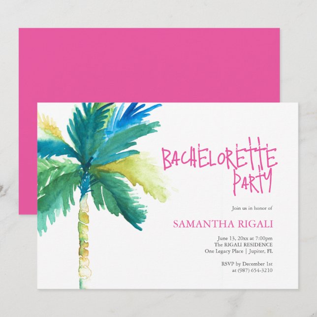 Bachelorette Party Watercolor Tropical Handflatan  Inbjudningar (Fram/baksida)