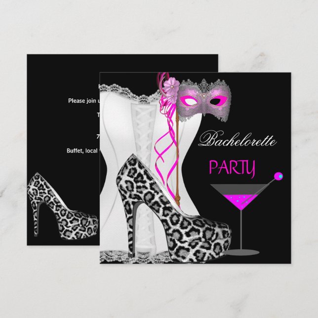 Bachelorette Party White Corset Rosa Leopard Inbjudningar (Fram/baksida)