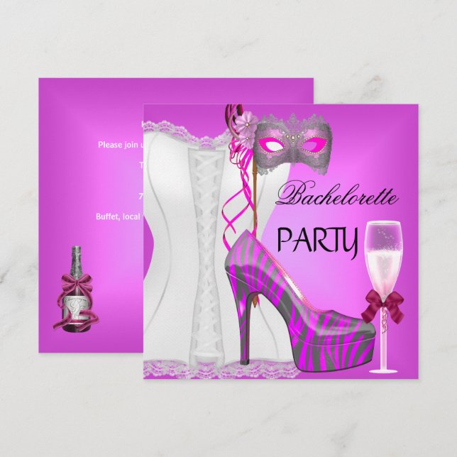 Bachelorette Party White Corset Rosa Zebra Shoes Inbjudningar (Fram/baksida)