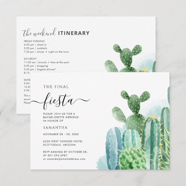 Bachelorette Party with Itinerary Cacti Succulents Inbjudningar (Fram/baksida)